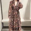 TRAF Women Chic Fashion Floral Print Pleated Midi Dress Vintage Puff Sleeve With Lining Female Dresses Vestidos Mujer 210415