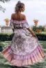 بوهيميا كشكش مطاطا مائل العنق الأزهار طباعة البلوز قميص المرأة عالية الخصر ماكسي تنورة طويلة الوردي عطلة 2 أجزاء مجموعة 210429