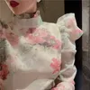女性のタートルネックパフ長袖チュニックRuchedの女性のショートシャツ服のためのレトロな女性のカジュアルなフリルブラウス