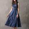 Irregular Silm Denim Dresse Vintage Embroidery with Sashe Elegant Single Breasted Sleeveless Vestido Feminino 210525