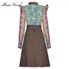 Mode Designer Dress Spring Women's Dress Stand Collar Ruffles Flare Sleeve Lace Vintage Print Dresses 210524