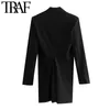 TRAF Women Chic Fashion With Shoulder Pads Mini Dress Vintage Notched Collar Long Sleeve Female Dresses Vestidos Mujer 210415