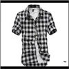 Dress Shirts Męskie Odzież Drop Dostawa 2021 Moda Plaid Caskiet Krótki Rękaw High Collar Koszulka Homme Vintage Koszula Mężczyźni Odzież R2JII