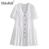 Embroidery White Dress Women Lantern Short Sleeve Loose Pleated Button Turn Down Collar Mini Cotton Summer 210508