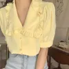 夏シフォンブラウス女性トップスソリッドフリルVネック半袖シャツ韓国カワイイかわいい黄色い白人ブラサスMujer 210519