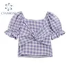 Dames Zomer Paars Plaid Sweet Blouses and Shirts voor Dames Koreaanse Borst Kruis Retro Vierkante Kraag Korte Mouw Ins Tops 210417