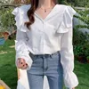 Korean Long Sleeve Loose White Women's Shirt Ruffled Latern Cotton Fashion Women Blouses V-neck Office Lady Style 12011 210427