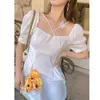 Elegant White Fairy Dress Puff Sleeve Designer Women Retro Long Summer Korean Ladies Wedding Party Clothing 210604