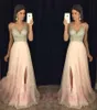 2022 A-line Rosa Chiffon Prom Kleider Exquisite Perlen Pailletten Tief V-Ausschnitt Split Bodenlänge Abendkleid Formale Mädchen Pageant Kleid