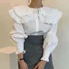 Koreański luźny przycisk shirt wiosna z długim rękawem niebieskie kobiety bluzka elegancka dwuwarstwowa kołnierz wzburzyć eleganckie szczupły topy 13804 210508