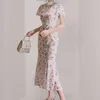 High Quality summer Women Runway Designer Dress White little cherry print lace dress Temperament fishtail 210531