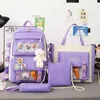 2021 4 Pcs Set Kawaii Women's Backpack Purple Colours Cute Canvas School Bags for Teenage Girls College Student Kids BookBag 220210