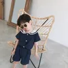Humor niedźwiedź japoński i koreański granatowy styl dzieci marynarz kołnierz bawełna lniana koszulka + spodnie 2 sztuk lato ubrania zestawy chłopców dziewczyny garnitur x0902