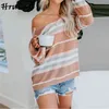 Gestreifter lässig Lose Frauen Blusen Vintage Langarm O Hals Übergröße Weibliche Tops Herbst Streetwear Strickpullover 210513