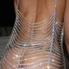 Glaming Parlak Rhinestone Tam Elbise Altın Bikini Sexy Lingerie Zincir Vücut Koşum Seti Kadın Gece Kulübü Disko Takı