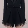 Vintage Black lace patchwork Belt Jumpsuits Women Spring Notched Neck Wide Leg short Rompers OL Wear Business Playsuits 210518