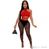 Women Nightclub Clothing Two Piece Pants Set Hollow Out Crop Top Mesh Perspective Outfits Set Sexy Clubwear Ladies Suit Plus Size Clothes