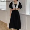 Nomikuma Elegante Zomerjurk Slanke Taille Bloem Borduurwerk Turn Down Collar Korte Mouw Jurken Dames Koreaanse Stijl Vestidos 210514