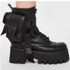 2021 Style Läder Cowskin Platform Cake Tjock 8cm Heels Ankel Boots Booties Fickor Zipper Lace-up Buckle Casual Party Dress Shoes Martin Boot Round Toe Size 34-42