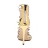 Zapato femenino gladiator tira tira cloip sandalia dorada de la banda estrecha decoración de cristal tacón alto Zapatos Mujer sandalias