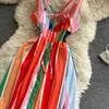 Ins Fashion Rainbow Striped Color Match Spaghetti Strap Long Maxi Dress Boho Deep V-neck Lace-up Backless Ruffles Holiday 210603