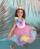 2021 Leuke kleurrijke meisjes Pageant jurken v-hals ruches tule tiered korte hi lo afneembare trein met boog kinderen bloem meisje verjaardag jassen