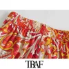 TRAF女性シックなファッショントーテムプリントサイドベントショーツビンテージ高弾性ウエスト巾着女性ショートパンツMujer 210625