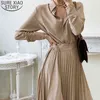 Winter Dickes Kleid Frauen Vintage Plissee Lange Mode Französisch Stil V-ausschnitt Khaki Kleider Robe Femme 12794 210417