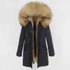 Wasserdichte Lange Parka Winterjacke Frauen Echt Pelzmantel Natürliche Waschbär Pelz Trim Kapuze Faux Pelz Liner Abnehmbare Streetwear 211129