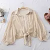 Chiffon Shirts Women Summer Half Sleeve Buttoned Up Shirt Loose Casual Blouse Tied Waist Elegant Blouses For Women 210527