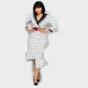 Frauen Kleid Polka Dot Slim Rüschen Elegante Damen mit Taille Gürtel Büro Arbeitskleidung Paket Hip Classy Weibliche Schwarz Weiß Roben 210416