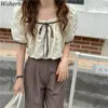 Square Collar Shirts Flower Print Short Puff Sleeve Vintage Tops Sweet Chic Loose All Match Lace-up Blusas Streetwear 210519