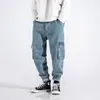 Moda masculina jeans de alta qualidade solto ajuste grande bolso denim calças de carga homme streetwear hip hop calças largas perna2056