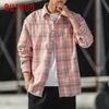 Ruihuo Casual Pink Plaid Shirt Hombres Slim Fit Lana Masculina Camisas de manga larga Moda Marca Plus Tamaño M-5XL Primavera 210721