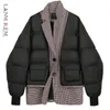 Lanmrem Zima Collar Collar Plaid Patchwork Single-Breasted All-Mecz Stree Wear Black Cotton Padded Jacket 2A2947 210910