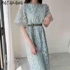 MATAKAWA Heavy Industry Lace Crocheted Woman Dress Loose Lace Waist Short Sleeve Vestidos Korea Summer Round Neck Robe Femme 210513