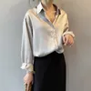 AELEGANTMIS Элегантная старинная кнопка рубашка женщин сплошной свободный с длинным рукавом блузка гладкая мода 4 цвета для женщин 210607
