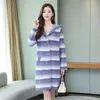 Striped Comfortable Long Sweater Winter Artificial Mink Cashmere Warm Cardigans Knit Full Sleeve Office Lady Soft Tops Coat 210427