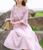 PERHAPS U Pink O Neck Plaid 3/4 Flare Sleeve Ruffle Midi Dress Button Empire Casual D0558 210529