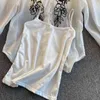 Chic Womens Long Puff Sleeve Singel Bresated Blouse Black White Fashion Flower Broderi Chiffon Shirts och Tops 210416