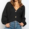 Женские свитера свитер мода зима V-образным вырезом с длинным рукавом повседневный пуловеры сплошной цвет кнопки вязаные топ 2021 джемпер