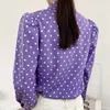 Eleganta kvinnor polka dot lila skjortor mode damer puff ärme toppar söt kvinnlig chic vända ner krage blouses 210527