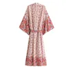 Bohemen v-hals bloem print maxi lange kimono shirt etnische vrouwen vetersluiting strik boog sjerpen vestigan boho losse blouse tops 210429