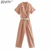 Women Turn Down Collar Solid Color Sashes Ankle Length Jumpsuits Chic Ladies Short Sleeve Casual Business Rompers DS8258 210420