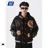 INFLATION Haute Qualité Broderie Baseball Varsity Veste Hommes Noir Manches En Cuir Bomber Hiver Épais Polaire Outwear 211110