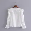 Printemps brodé chemise blanche femme à manches longues Double boutonnage haut court femmes mode col en V mignon chemises 210519