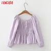 Tangada Women Retro Solid Strethy Romantic Crop Blouse Shirt Long Sleeve Chic Female Shirt Tops 5N05 210609