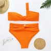 ارتفاع الخصر بيكيني مجموعة واحدة الكتف المرأة ملابس السباحة الجوف خارج ملابس السباحة البرازيلي البرتقال بيكينس شاطئ ارتداء المايوه 210702