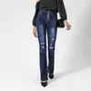 Jeans pour femmes automne décontracté bouton trou mince pantalon évasé taille haute jambe large denim maman streetwear pantalon déchiré 211129