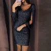 Women Three Quarter Sleeve Rose Gold Sexy Club Sequin Dress Ladies V-neck Evening Mini Party Dresses Vestidos 13526 210417